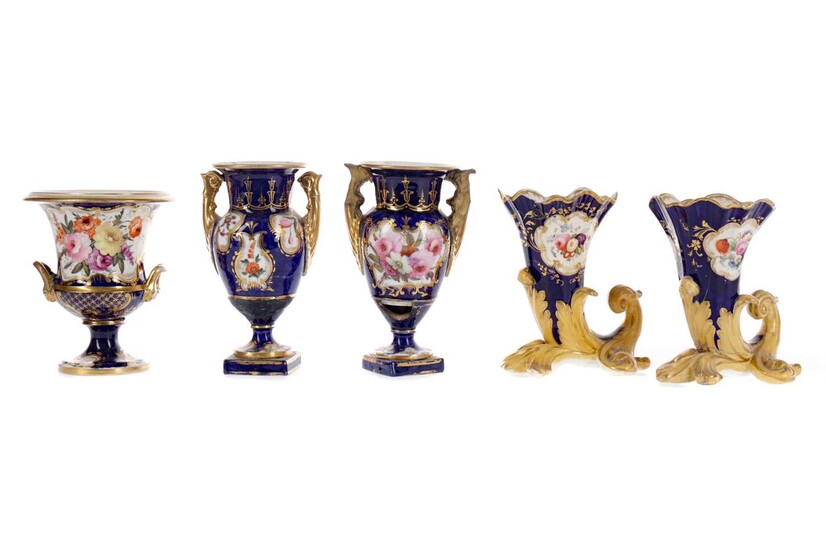 A PAIR OF EARLY 19TH CENTURY ENGLISH PORCELAIN VASES, ALONG WITH ANOTHER PAIR AND ONE OTHER