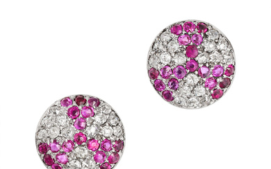 A PAIR OF RUBY AND DIAMOND CLUSTER EARRINGS the do ...