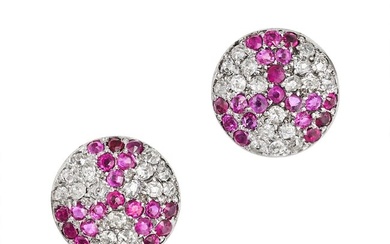A PAIR OF RUBY AND DIAMOND CLUSTER EARRINGS the domed circular studs each set with segments of round
