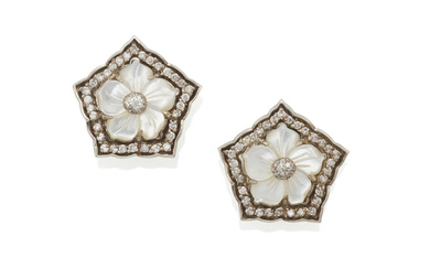 A PAIR OF SILVER, MOTHER-OF-PEARL AND DIAMOND EARCLIPS