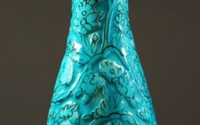 A PERSIAN QAJAR TURQUOISE GLAZED VASE, with moulded