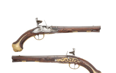 A Pair Of 22-Bore Flintlock Brass-Mounted Holster Pistols By R....