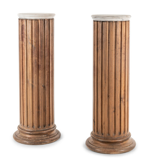 A Pair of Carved Pine Pedestals with Marble Tops