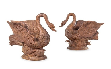A Pair of Carved Pine Swan-Form Jardinieres