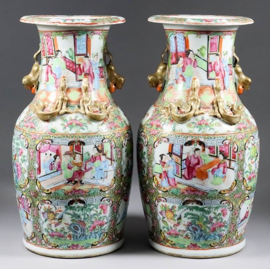 A Pair of Chinese Cantonese Porcelain Baluster-Shaped Vases, 19th...