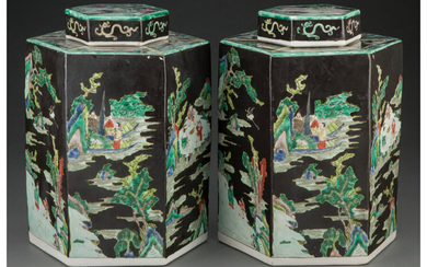 A Pair of Chinese Famille Noire Porcelain Tea Caddies