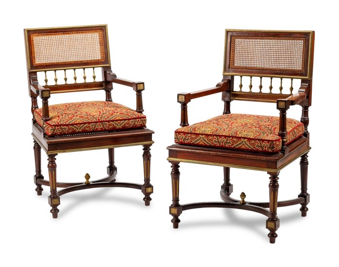 A Pair of Louis XVI Style Gilt Bronze Mounted Mahogany Armchairs