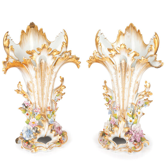 A Pair of Paris Porcelain Gilt and Encrusted Spill-Vases
