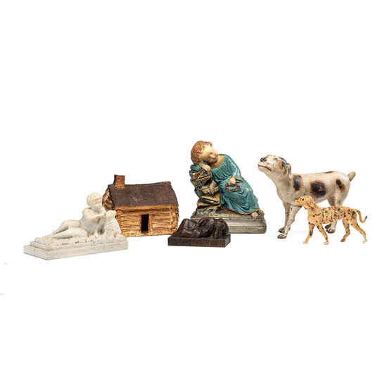 A Plaster Child's Log Cabin, Toy Dogs and Sculpture of Children