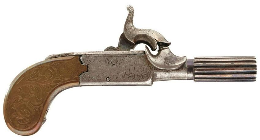 A RARE FRENCH PERCUSSION MUFF PISTOL BY PEYRON, 1inch