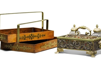A REGENCY BRASS AND PEWTER INLAID TORTOISESHELL INKSTAND, CIRCA 1820, ATTRIBUTED TO WELLS & CO.