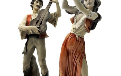 A Rare Pair Of Capodimonte Giuseppe Armani Gypsy Tambourine Dancer & Guitarist Figurines