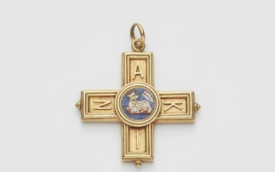 A Roman 18k gold and micromosaic cross pendant with depiction of the holy Easter lamb.