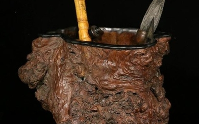 A SAKURAGI WOOD CARVED NATURE SHAPE BRUSH POT