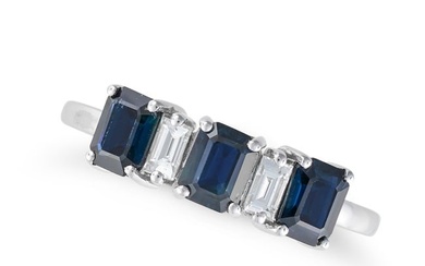 A SAPPHIRE AND DIAMOND RING in 18ct white gold, set with a row of alternating octagonal step cut