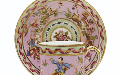 A SEVRES (HARD PASTE) PORCELAIN PINK AND MINT-GREEN CUP AND SAUCER (GOBELET 'LITRON' ET SOUCOUPE, 3EME GRANDEUR), CIRCA 1777, PUCE CROWNED INTERLACED L'S MARKS, THE MARK ENCLOSING DATE LETTER Z TO THE CUP, PAINTER'S MARK FOR LOUIS ANTOINE LE GRAND...