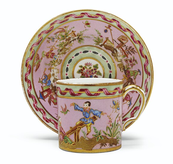 A SEVRES (HARD PASTE) PORCELAIN PINK AND MINT-GREEN CUP AND SAUCER (GOBELET 'LITRON' ET SOUCOUPE, 3EME GRANDEUR), CIRCA 1777, PUCE CROWNED INTERLACED L'S MARKS, THE MARK ENCLOSING DATE LETTER Z TO THE CUP, PAINTER'S MARK FOR LOUIS ANTOINE LE GRAND...