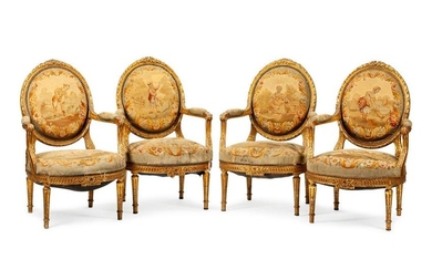 A Set of Four Louis XVI Style Aubusson Tapestry