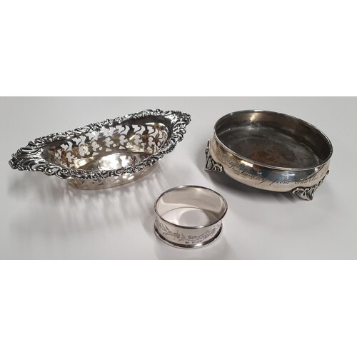 A Silver Napkin Ring, a Dish along with a Bon Bon Dish.