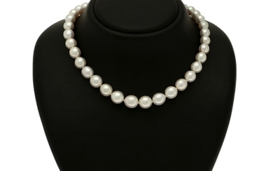A South Sea pearl necklace set with numerous cultured South Sea pearls with a magnetic clasp of 14k white gold with a satin finish.