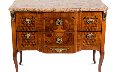 A Swedish Gilt Bronze Mounted Marquetry and Tortosa Brocatello Marble-Top Commode