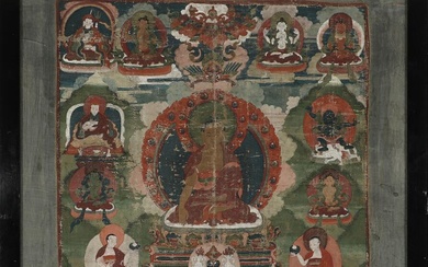 A Tibetan thangka of Buddha Shakyamuni, he is seated in dhyanasana on...