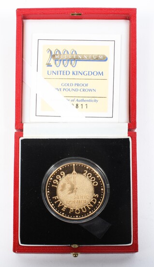A UK 2000 Gold five pound proof coin.