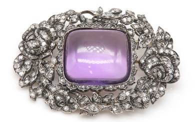 A Victorian amethyst and diamond plaque brooch