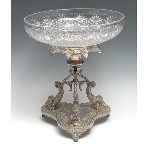 A Victorian silver-plated and cut-glass table centre, retail...