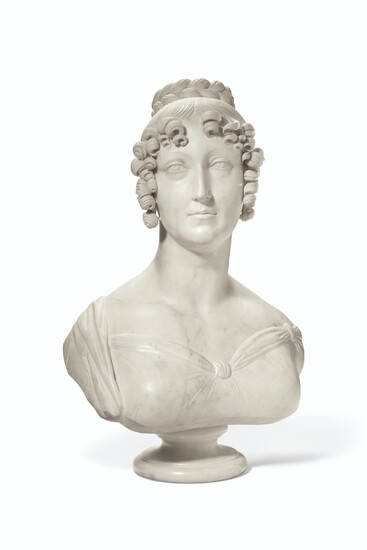 A WHITE MARBLE BUST OF A LADY
