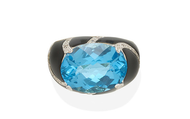 A blue topaz, diamond and onyx ring