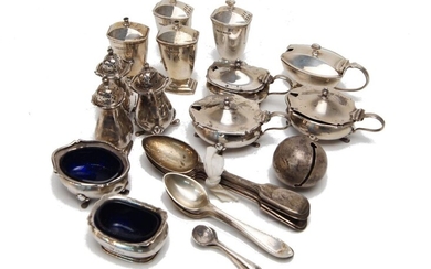 A cased silver cruet set, Birmingham, c.1937, William Greenwood & Sons, together with a collection of various silver cruets; a silver baby's rattle (damaged); a set of six silver coffee spoons, Birmingham, c.1923, Daniel & Arter and six Victorian...