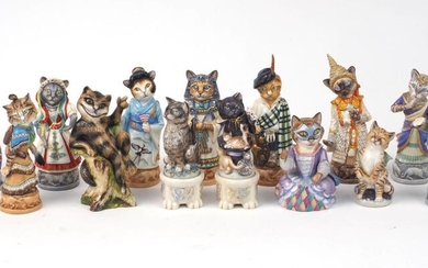 A collection of Bronte cats to include; a 'Cheshire Cat', 627/2500, 12cm high, a 'Maine Coon', 29/250, a 'Japanese Bobtail', 29/250, a 'British Shorthair', 29/250, 'Crocheting Cat', 29/250, 'Benegal', 29/250, 'Russian Blue', 29/250, 'Siamese'...