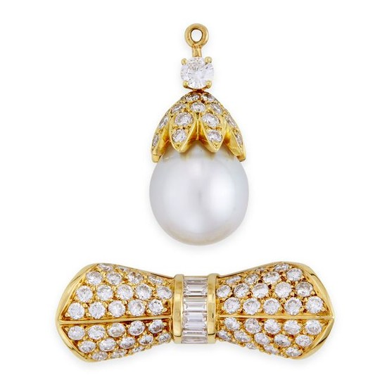 A cultured pearl and diamond enhancer brooch