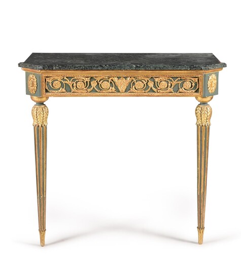 A dark green painted and parcel gilt console table