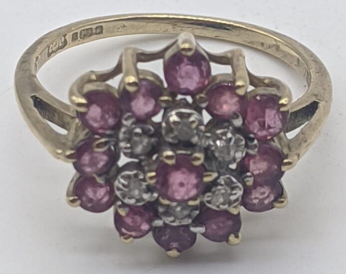 A diamond and ruby cluster ring, 9ct yellow gold...