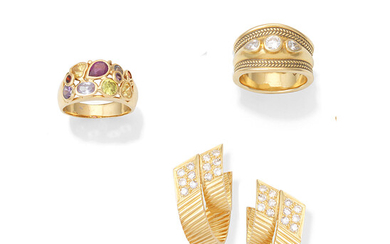 A diamond dress ring, a gem-set ring and a pair of diamond earrings