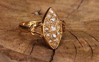 A diamond, seed pearl and 18ct gold navette shaped ring, set...