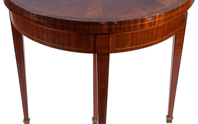 A fruitwood marquetry and mahogany demi-lune games table 80...