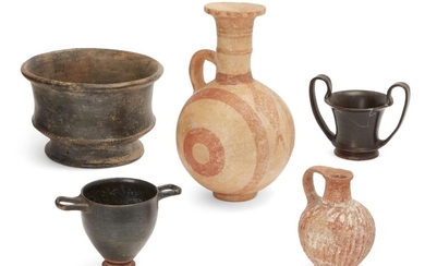 A group of pottery vessels, Circa 9th -3rd Century B.C. Including a Cypriot Iron Age vessel, set on a raised circular base, the spherical body with decoration fired brick red, consisting of encircling bands and a central cross-hatched motif...