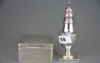 A hallmarked silver sugar shaker, H. 15cm together with a hallmarked silver cupboard cigarette box.