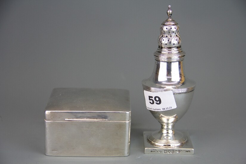A hallmarked silver sugar shaker, H. 15cm together with a hallmarked silver cupboard cigarette box.