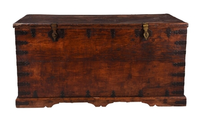 A hardwood and metal mounted chest