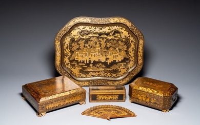 A large Chinese Canton gilt black lacquer tray, thee boxes and a fan, 19th C.