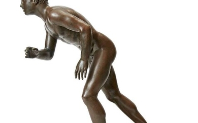 A large Neapolitan bronze model of an athlete, early 20th century, after the antique, cast by Chiurazzi, foundry cache to base, three fingers lacking, 54cm high, the base 35 x 29cm