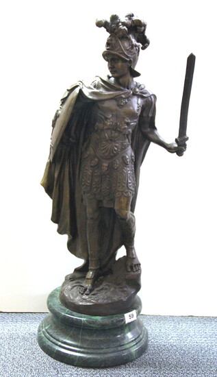 A large bronze figure of a Roman centurion on a green marble base, after C. R. Carrie, H. 76cm.