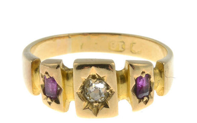 A late 19th century 18ct gold ruby and diamond three-stone ring, with band replacement.