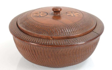 A late 19th century elm(?) and marquetry pot and cover,...