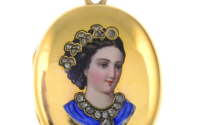 A late 19th century gold rose-cut diamond, enamel portrait locket.