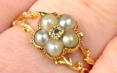 A mid 19th century 18ct gold old-cut diamond and split pearl floral cluster ring, with scrolling foliate shoulders.